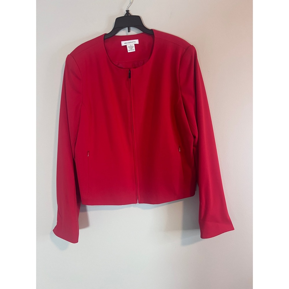 Liz Claiborne Red Collarless Zip Front Blazer Jacket Size Large Stretch Pocket